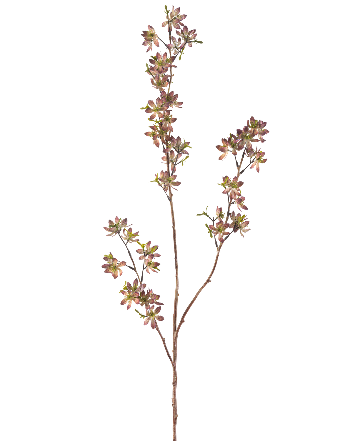 De konstgjorda blommorna 102 cm lila/gröna har en enda brun stjälk med flera grenar, var och en dekorerad med små prickiga lila och gröna blad, mot en vanlig vit bakgrund.