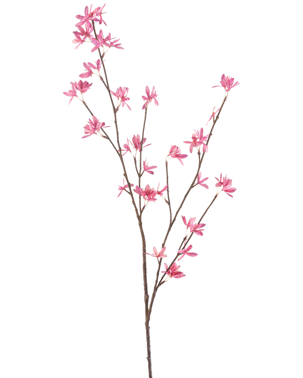 Artificiell blomma vildblommor 112 cm fuchsia har en enda gren med flera utlöpare, med fina fuchsiablommor mot en vit bakgrund.
