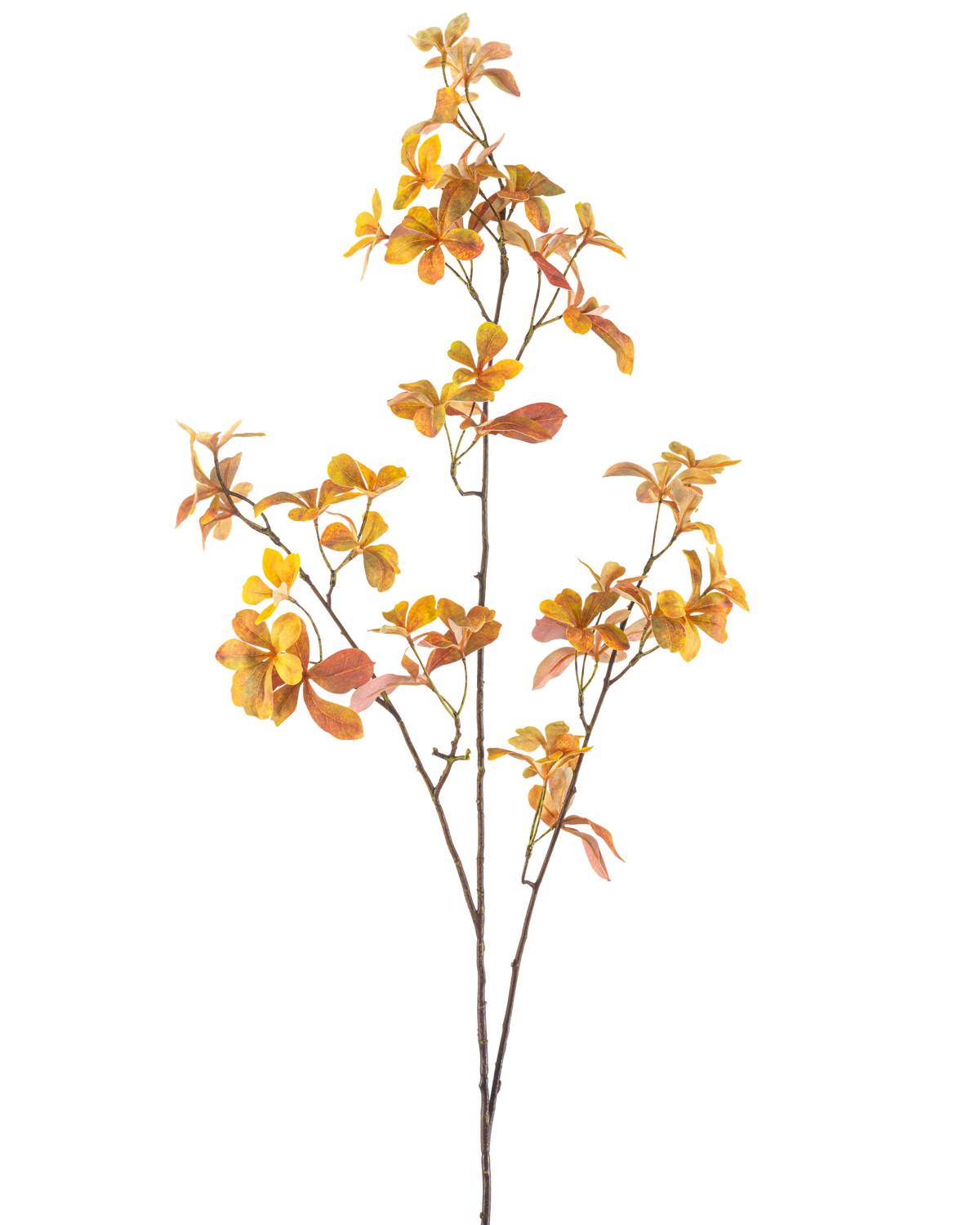 Den konstgjorda grenen Enkianthus 112 cm gul är en enda konstgjord gren med flera stjälkar och gula höstlöv, mot en vanlig vit bakgrund.