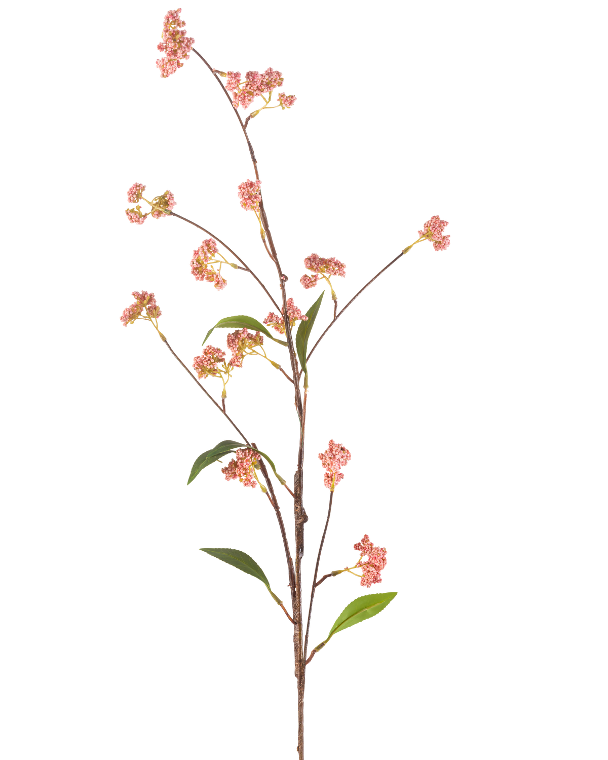 De konstgjorda blombären 95 cm rosa har en lång, tunn stjälk med ett antal små klasar av rosa bär och några gröna blad, avbildade mot en vanlig vit bakgrund.