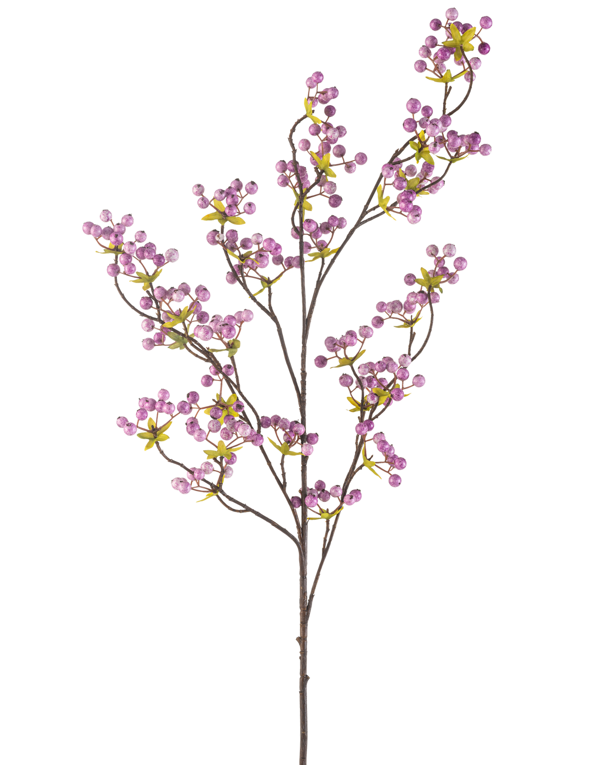 De konstgjorda blombären 107 cm lila har en enda smal gren med flera tunna stjälkar, var och en dekorerad med klasar av små, runda ljuslila bär och några gröna blad, mot en vanlig vit bakgrund.