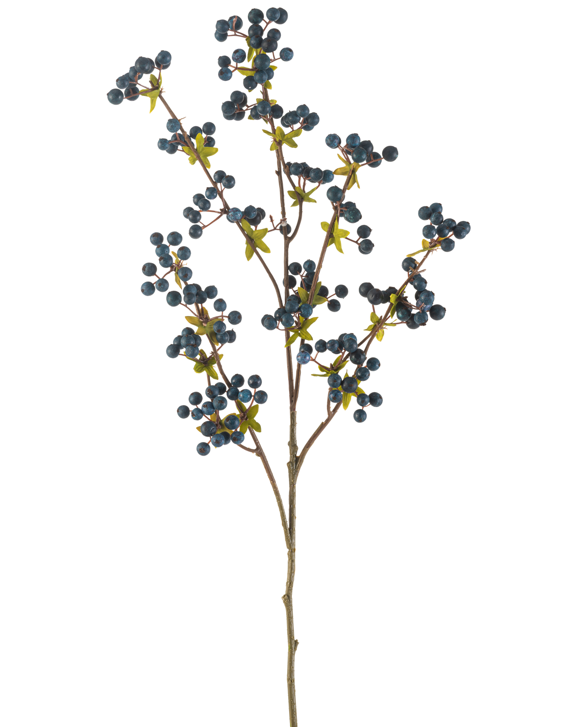 De konstgjorda blombären 104 cm mörkblå är en enda tunn gren med gröna blad och klasar av små, runda, mörkblå bär, som visas på en vanlig vit bakgrund.