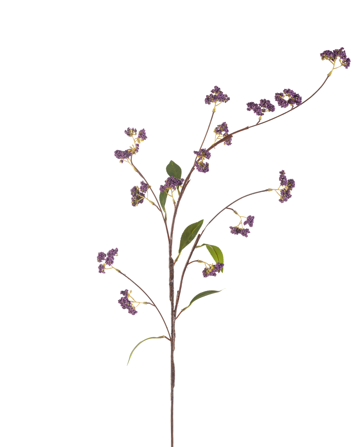 De konstgjorda blombären 95 cm lila har en enda brun stjälk med flera grenar, dekorerad med klasar av lila bär och några gröna blad, perfekt isolerade på en vit bakgrund.