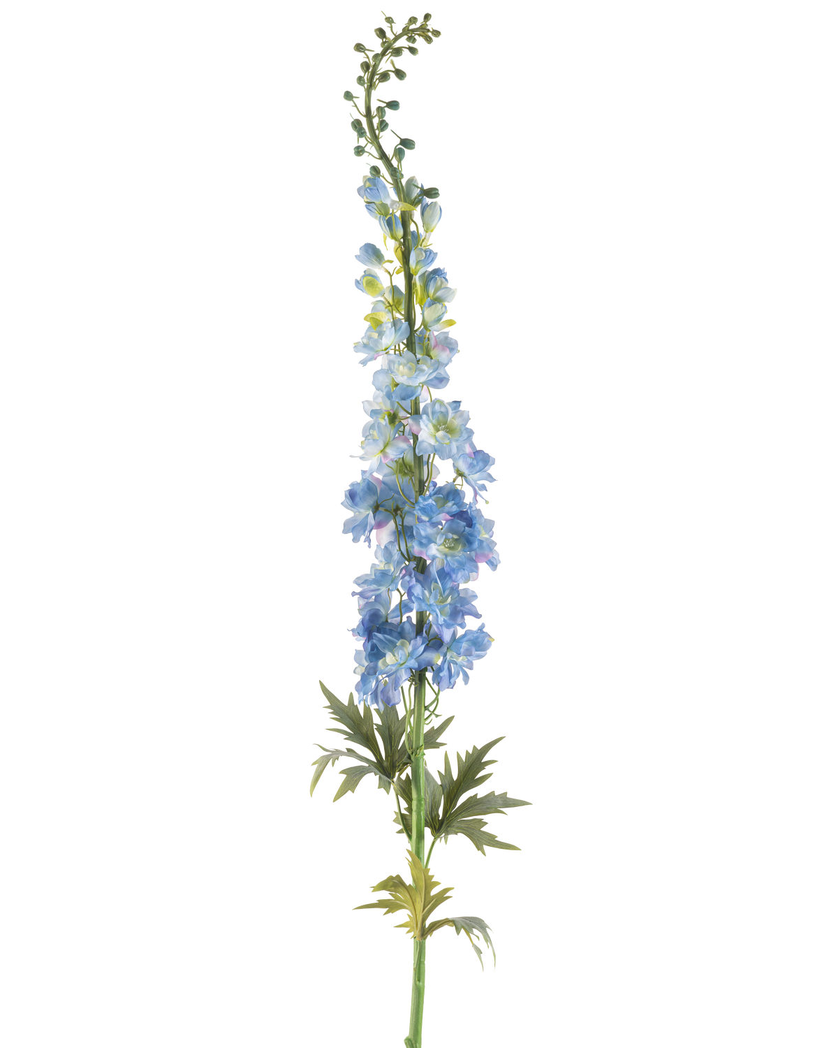 En enda stjälk av konstgjord blomlöksporre 137 cm mörkblå, med flera mörkblå konstgjorda blommor och gröna blad, arrangerade längs den övre stjälken och mot en vit bakgrund.