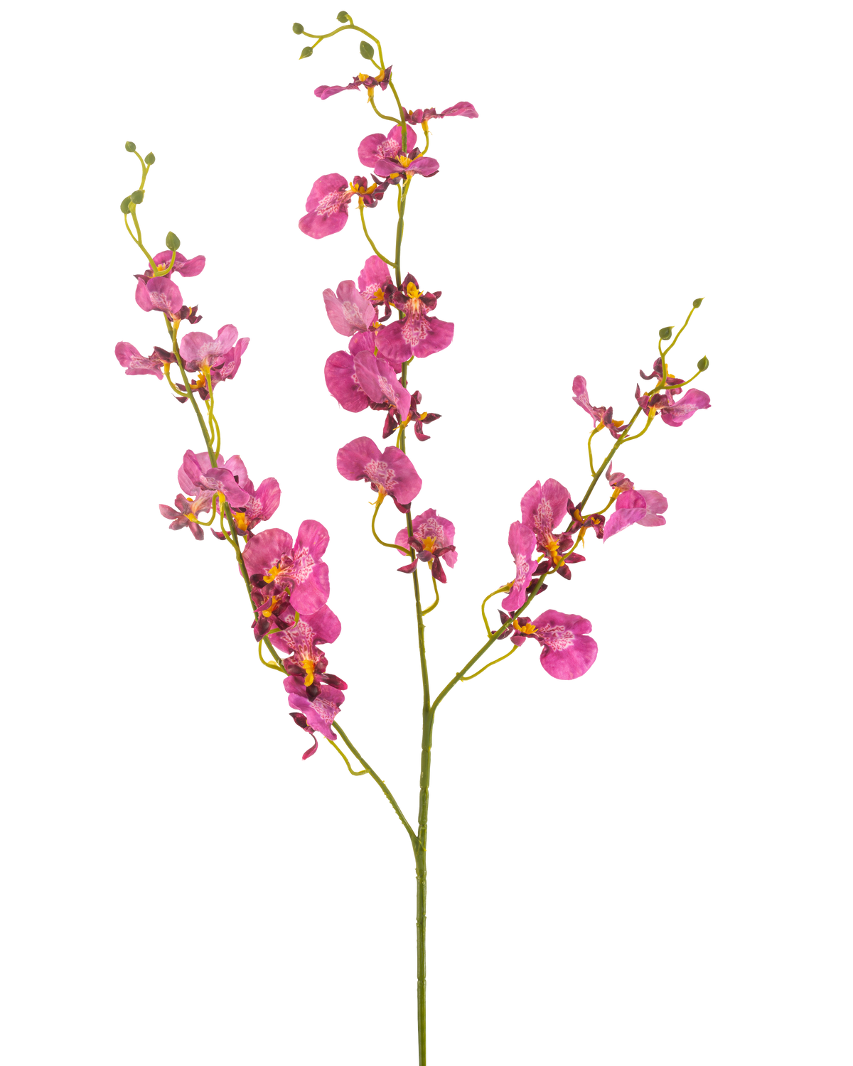 Artificiell blomsterorkidé 98 cm fuchsia har livfulla rosa orkidéblommor och knoppar på långa, smala gröna stjälkar, vackra mot en vit bakgrund.