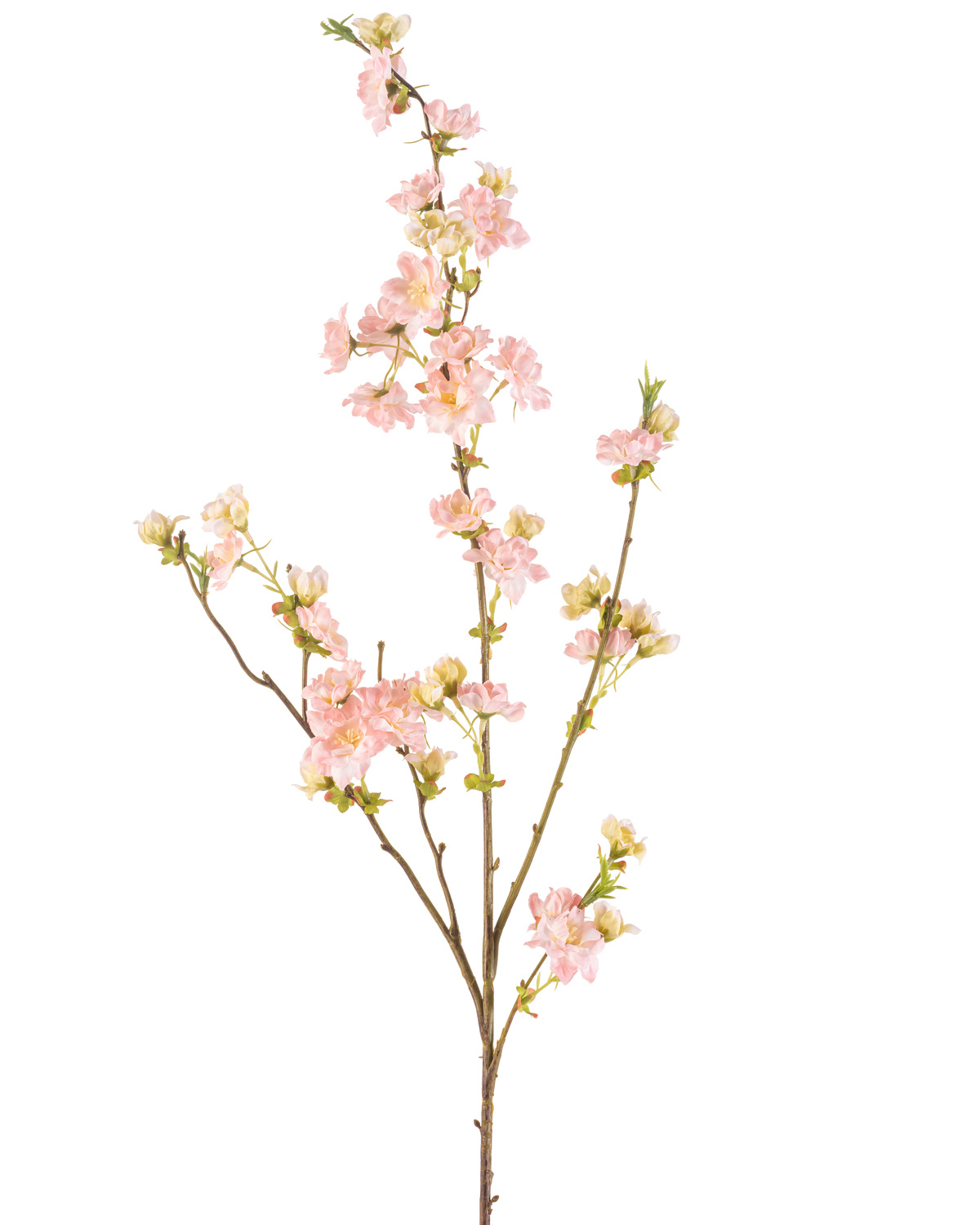 Konstgjorda blommor körsbärsblommor 94 cm ljusrosa har en enda gren med flera utlöpare, dekorerad med klasar av känsliga ljusrosa körsbärsblommor och gröna knoppar, mot en vanlig vit bakgrund.