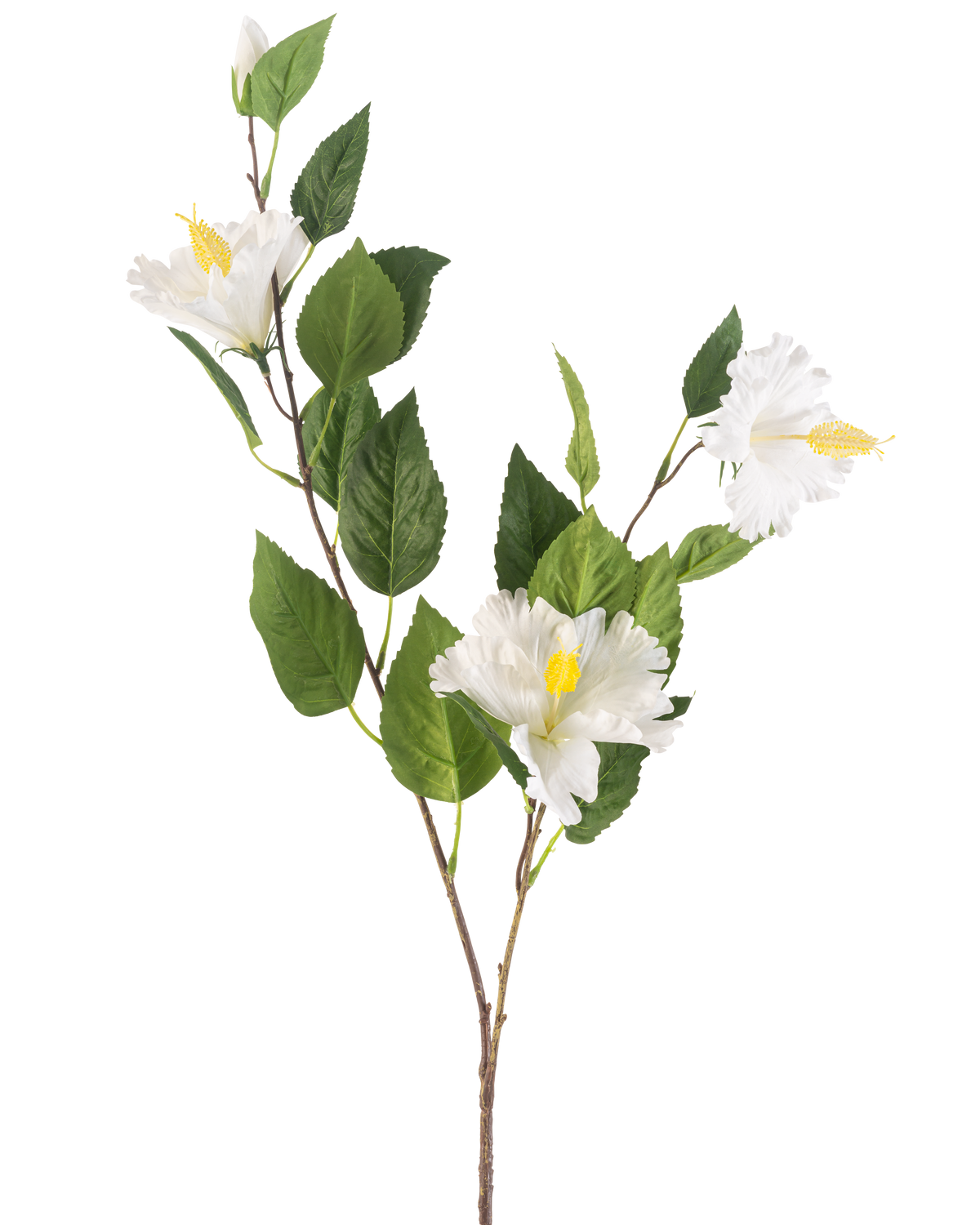 Den konstgjorda blomma Hibiscus 89 cm krämen har en gren med gröna blad och tre krämfärgade hibiskusblommor med gula ståndare mot en vanlig vit bakgrund.