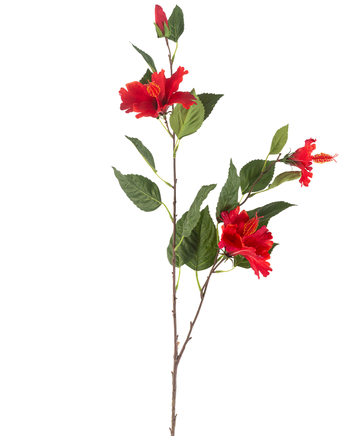 Den konstgjorda blomman Hibiscus 89 cm röd har en enda stjälk med tre livfulla röda hibiskusblommor och frodiga gröna blad mot en vit bakgrund.