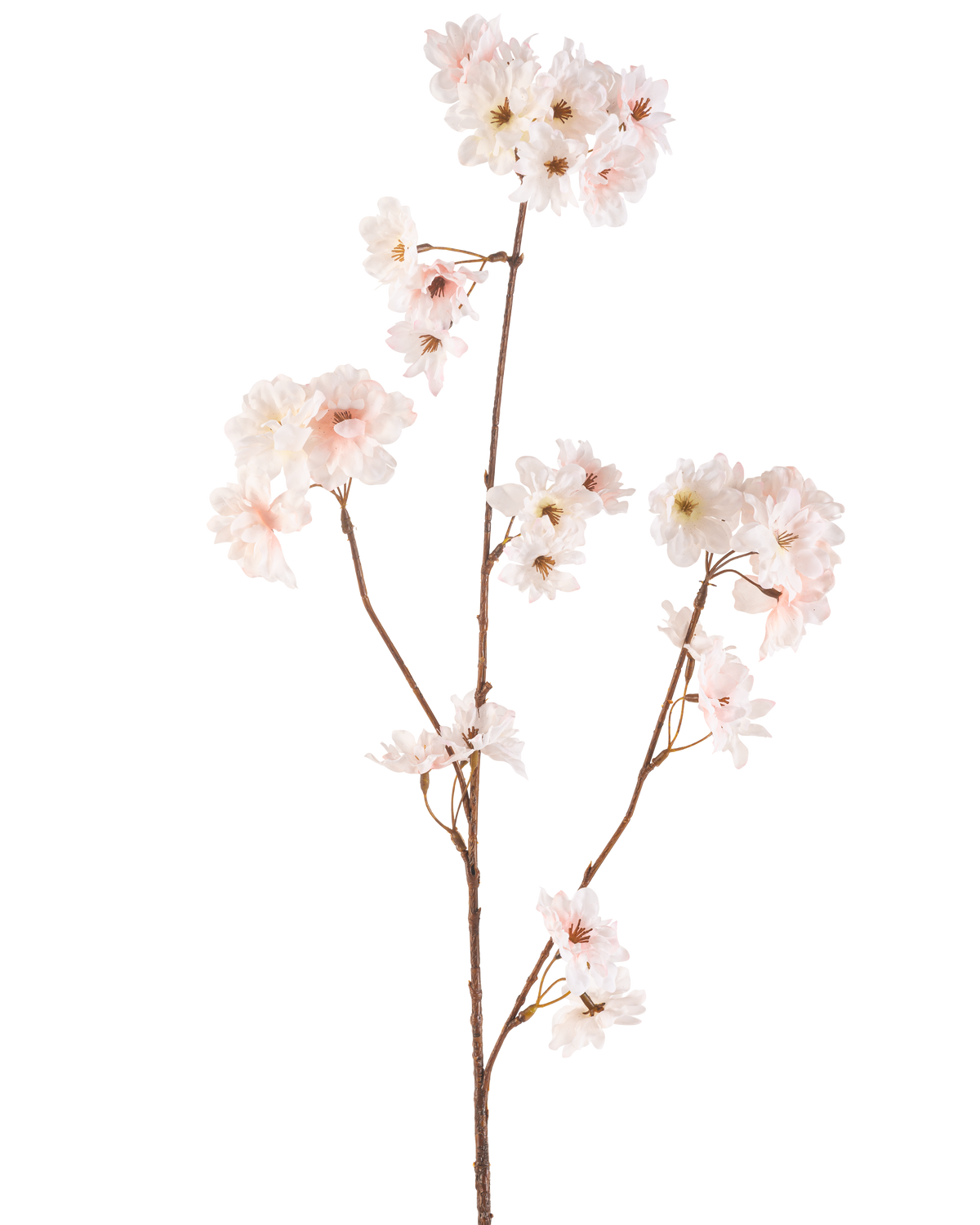 Körsbärsblomman med konstgjorda blommor 85 cm har en enda brun stjälk med flera grenar, var och en dekorerad med känsliga rosa körsbärsblommor, mot en vanlig vit bakgrund.