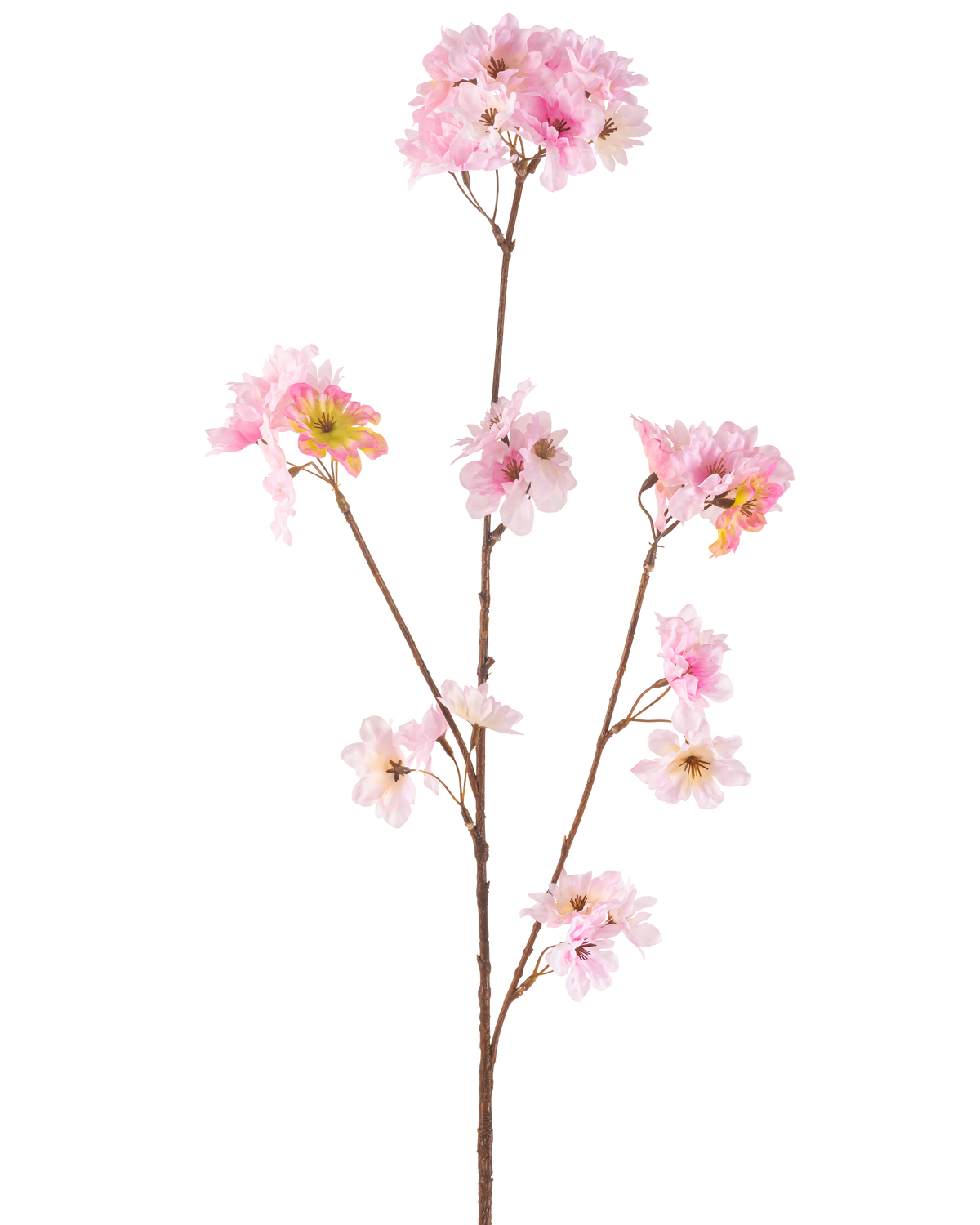 Den konstgjorda blomman körsbärsblommor 85 cm rosa har en enda brun stjälk med flera grenar, var och en dekorerad med klasar av känsliga ljusrosa konstgjorda körsbärsblommor, mot en vanlig vit bakgrund.