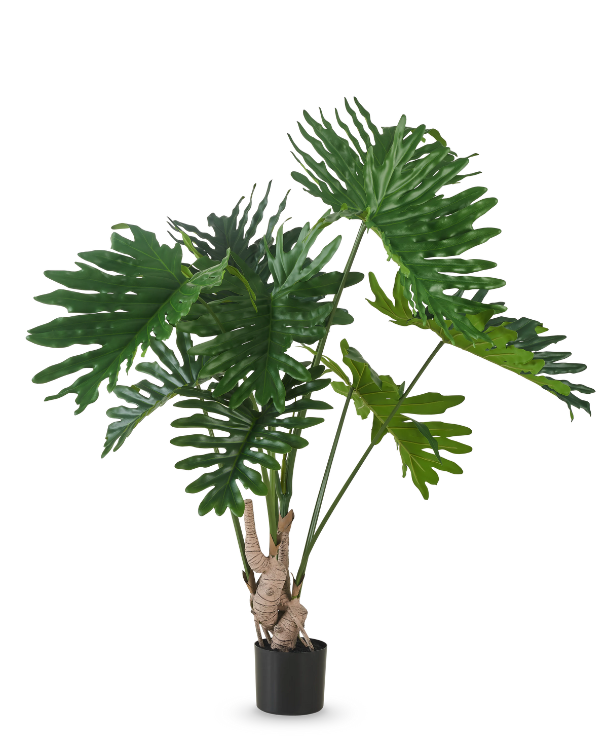 Den konstgjorda växten Philodendron 150 cm har stora, glänsande, djupt flikiga gröna blad på långa stjälkar, mot en vanlig vit bakgrund.
