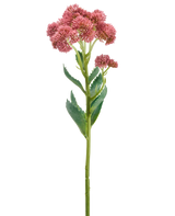 En enda stjälk av den artificiella blomman Sedum 57 cm lila har klasar av små, stjärnformade lila blommor och gröna blad, avbildade mot en vit bakgrund.