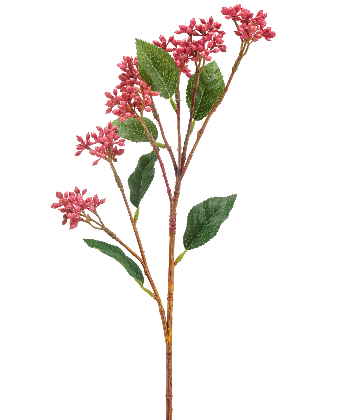 Den konstgjorda blomman Japanese Berry 62 cm mörkrosa har en enda konstgjord stjälk med klasar av små mörkrosa blommor och några gröna blad, mot en vit bakgrund.