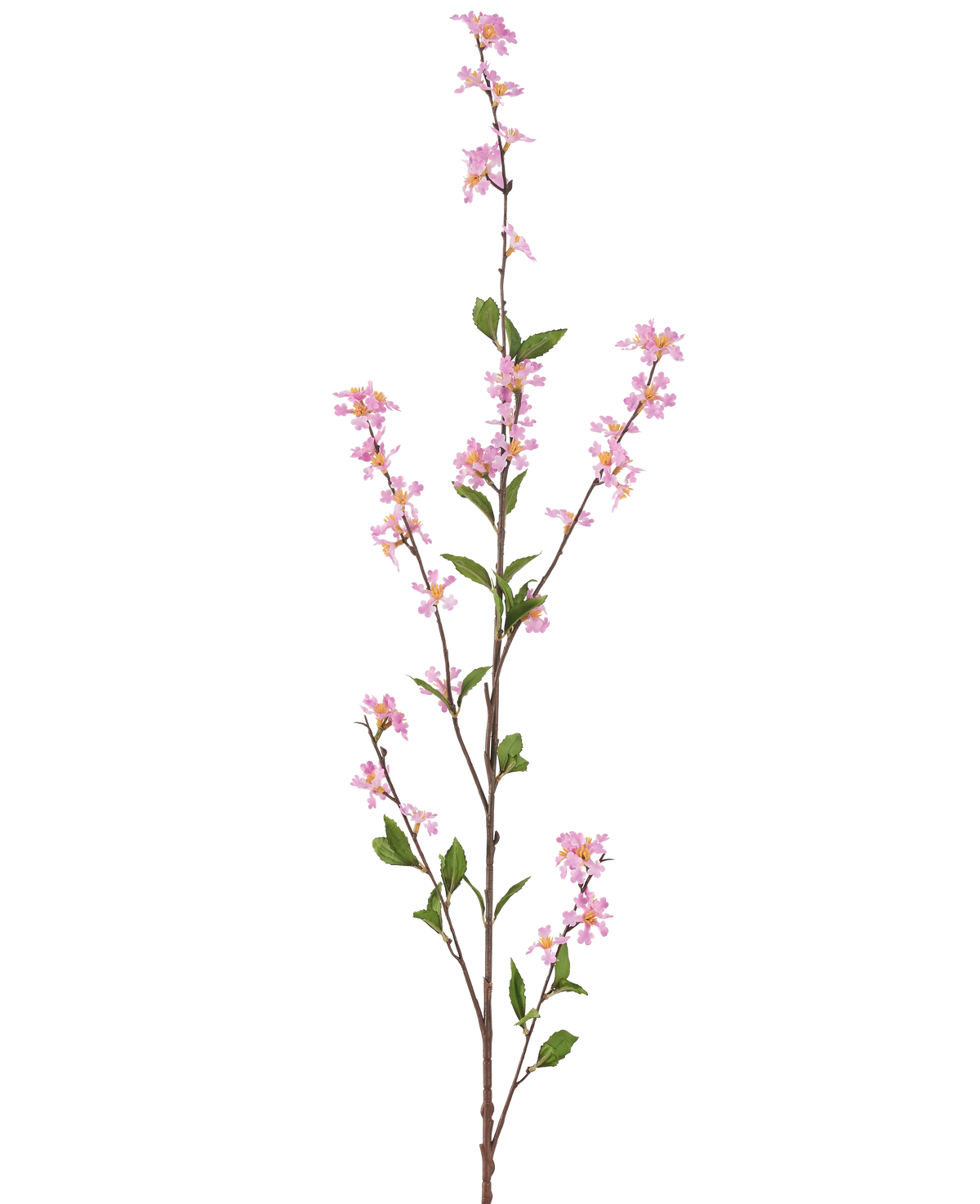 Konstgjorda blommor 119 cm rosa har en hög enkel gren med små rosa blommor och gröna blad på tunna bruna stjälkar, mot en vanlig vit bakgrund.