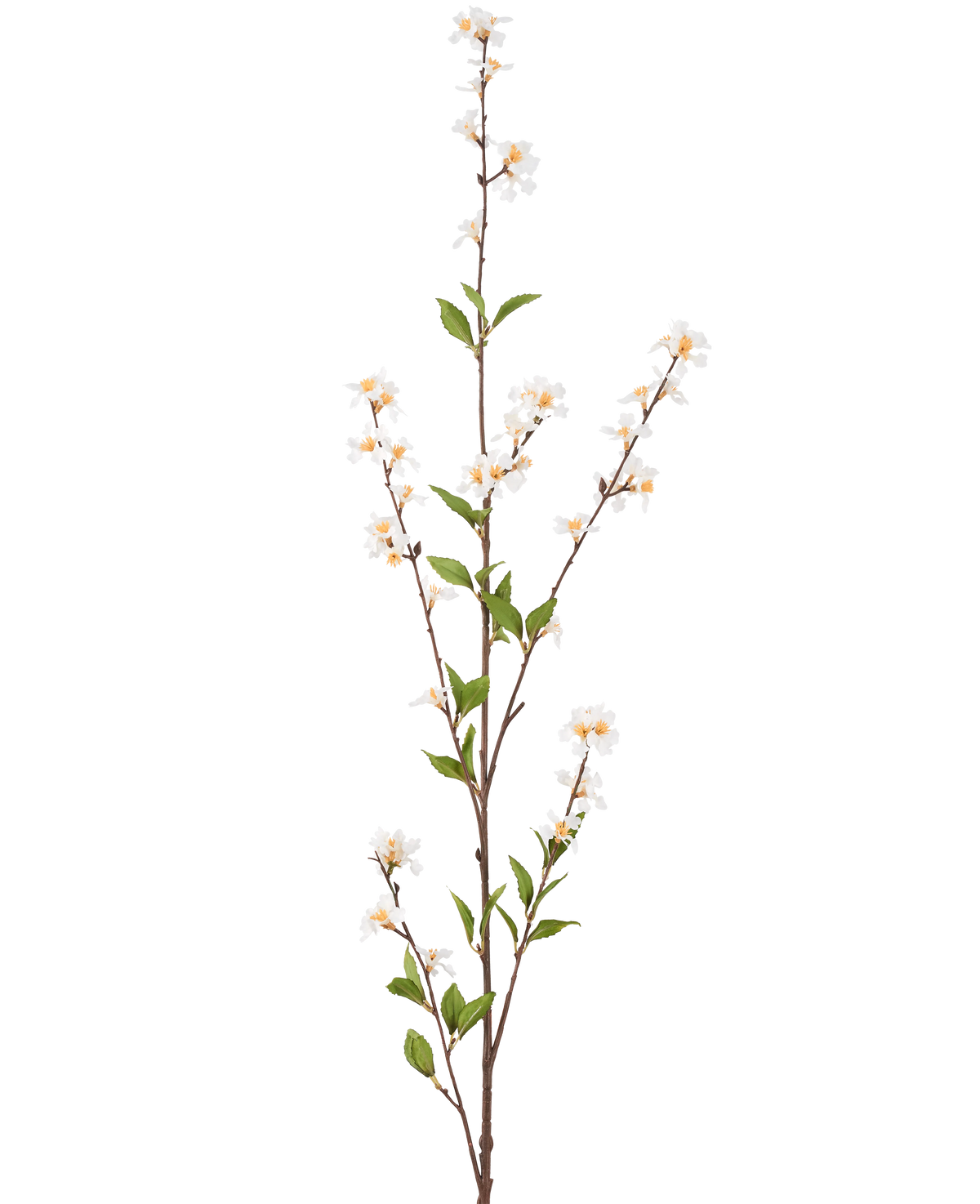 Artificiella blommor 119 cm krämen har en enda hög gren med krämfärgade blommor och gröna blad längs de smala bruna stjälkarna, mot en vanlig vit bakgrund.