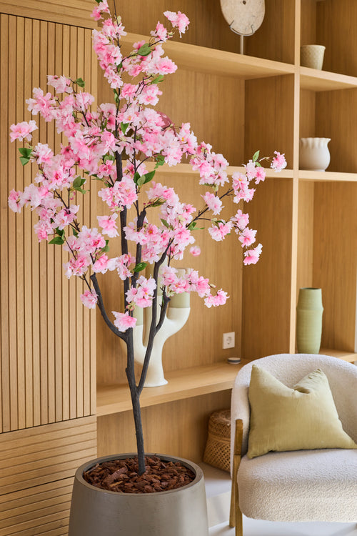 Den konstgjorda körsbärsblomman 150 cm rosa, med sina ömtåliga rosa sidenblommor, ser elegant ut i ett modernt rum med trähyllor, dekorativa föremål, en beige stol och en grön kudde – vilket ger silkesblommornas charm till din inredning.
