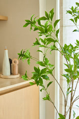 En 150 cm konstgjord Pieris Japonica-växt står vid ett fönster bredvid ett ljust träskåp, som rymmer keramiska flaskor och en pepparkvarn, vilket ger en minimalistisk touch till det ljusa, luftiga rummet.