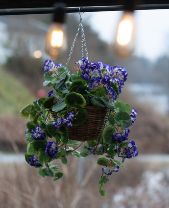 Artificiell Begonia lila i korg UV 70cm är en hängande korg med livfulla lila konstgjorda Begonia med gröna blad, perfekt för utomhusbruk. Arrangemanget tillför färg och charm under varma glödlampor.