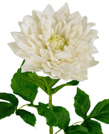 Kunst Georgine Real Touch vit 70cm har en stor vit dahlia i full blom med skiktade kronblad på en grön stjälk och blad, mot en vanlig vit bakgrund.