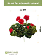 Kunst Geranium 40 cm rood met groene bladeren, 40 cm hoog en 23 cm breed, afgebeeld op een witte achtergrond met maatmarkeringen en het EASYPLANTS KUNSTPLANTEN logo onderaan.