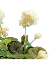 En närbild av den konstgjorda pelargonen 40 cm vit, med ljust vita konstgjorda blommor med gröna blad mot en vanlig vit bakgrund.