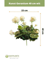 Konstgjord Pelargon 40 cm vit: konstgjord växt med gröna blad, höjd 40 cm och bredd 23 cm, vackert utställd mot en vit bakgrund med tydliga mått.