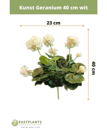 Konstgjord Pelargon 40 cm vit: konstgjord växt med gröna blad, höjd 40 cm och bredd 23 cm, vackert utställd mot en vit bakgrund med tydliga mått.