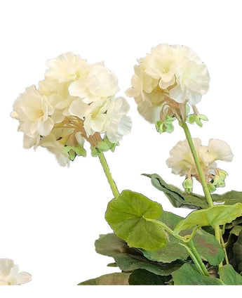 Artificiell Pelargon 40 cm vit har ljusa krämfärgade blommor med gröna stjälkar och blad mot en vit bakgrund - ett vackert tillskott till alla konstgjorda blomstersamlingar.
