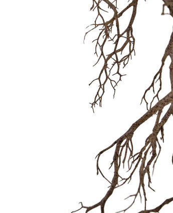 De Kunst decoratie tak 118 cm strekt dunne, bladerloze takken uit van rechtsboven tegen een witte achtergrond en vormt een ingewikkeld natuurlijk patroon met negatieve ruimte aan de linkerkant.