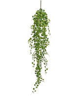 De Kunst hangplant Pumila 100 cm is een lange, kunstmatige hangplant met kleine, ronde groene blaadjes aan een centrale stengel, afgebeeld tegen een witte achtergrond.