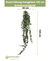 De Kunst klimop hangplant 125 cm brandvertragend is afgebeeld tegen een witte achtergrond met maataanduidingen en het Easyplants Kunstplanten logo onderaan.
