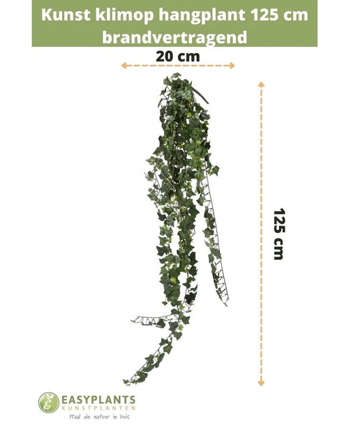 Den konstgjorda murgröna hängande växten 125 cm brandskyddsmedel är avbildad mot en vit bakgrund med storleksangivelser och Easyplants Kunstplanten-loggan i botten.