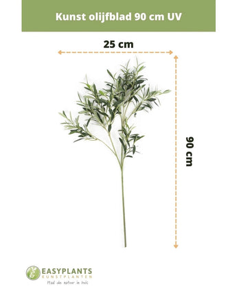 Brandskyddande konstgjorda olivblad 90 cm med gröna blad, perfekt som medelhavsdekoration. UV-beständig och 25 cm bred. Text: Konstgjorda olivblad 90 cm brandskyddsmedel. EASYPLANTS logotyp längst ner.