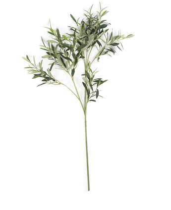 Det konstgjorda olivbladet 90 cm brandskyddsmedel har smala blad och flera stjälkar, perfekt som medelhavsdekoration. UV-beständig och brandhämmande, isolerad på vit bakgrund.