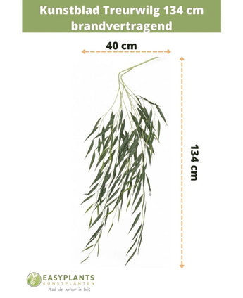 Kunstblad Treurwilg 134 cm brandvertragend met lange, slanke groene bladeren (40 cm breed). Maat- en merkinformatie staat boven- en onderaan op een witte achtergrond.