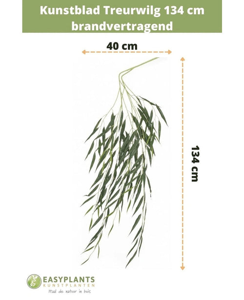 Konstgjorda blad Weeping Willow 134 cm brandskyddsmedel med långa, smala gröna blad (40 cm breda). Storleks- och märkesinformation visas upptill och nedtill på en vit bakgrund.