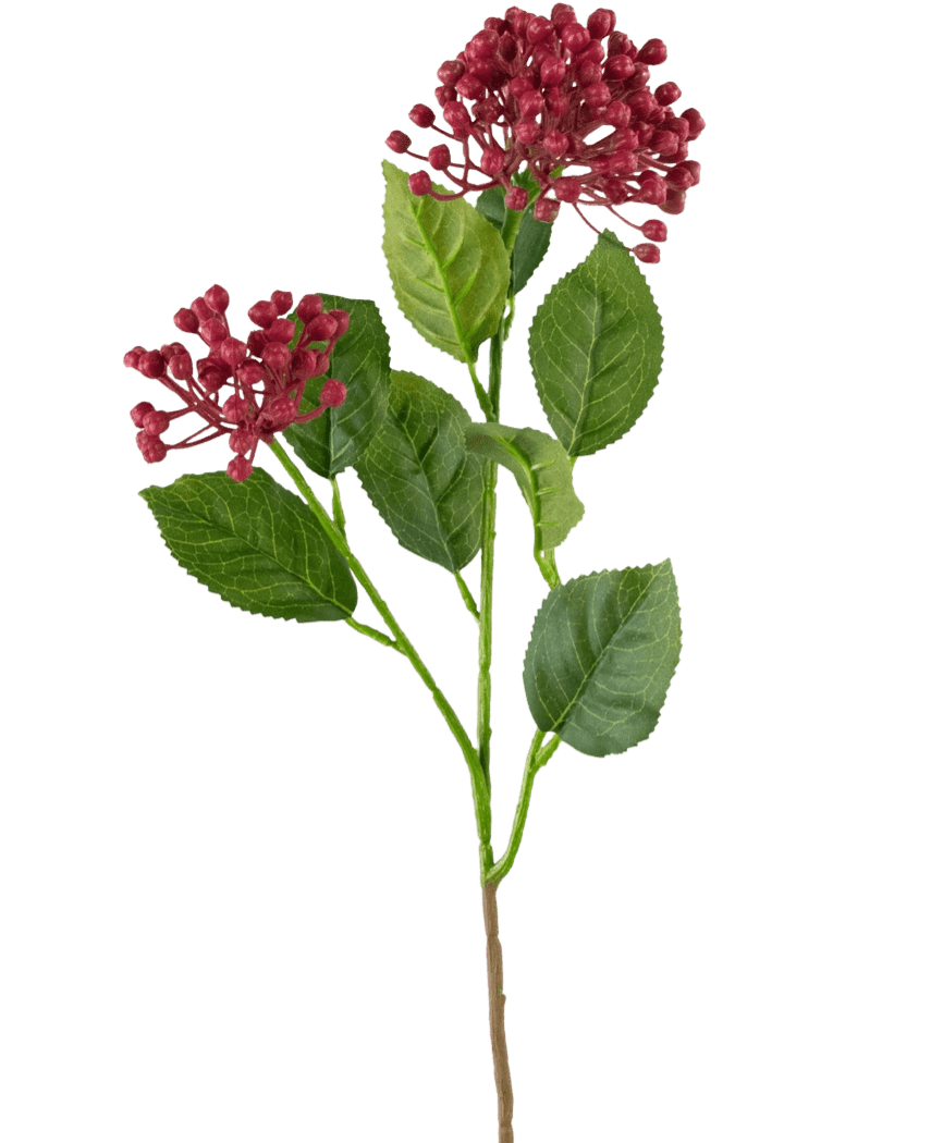 En enda konstgjord hortensiablomma på 55 cm mörkrosa stjälk med gröna blad och två knippen små, runda, djupt rosa knoppar mot en vanlig vit bakgrund.