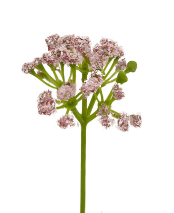 En närbild av konstgräs Purjolök Blomma Lök Gräs Bonsai 61 cm brandskyddsmedel: en enda grön stjälk med klasar av små, ljusrosa konstgjorda blommor i paraplyliknande grupper, mot en vit bakgrund.