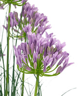Konstgräs Lila Agapanthus Lök Gräskruka 90cm Brandskyddsmedel har ett gäng lila konstgjorda Agapanthusblommor med smala gröna stjälkar och tunna blad mot en vit bakgrund.