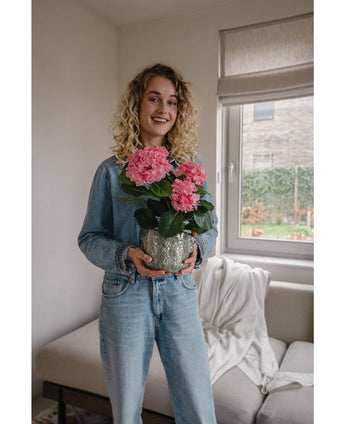 En kvinna med lockigt blont hår i jeansjacka och jeans står inomhus och ler medan hon håller i den Artificiella Hortensia Pink UV 35 cm-växten. I bakgrunden finns en soffa och ett fönster.