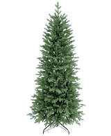 Artificial Christmas Tree Slim "Undset" 100% PE är en hög konstgjord julgran med täta gröna PE-grenar, känns äkta och står på en svart metallbotten. Den är odekorerad och visas mot en vanlig vit bakgrund.