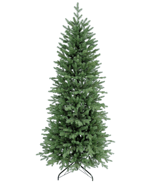 Artificial Christmas Tree Slim "Undset" 100% PE är en hög konstgjord julgran med täta gröna PE-grenar, känns äkta och står på en svart metallbotten. Den är odekorerad och visas mot en vanlig vit bakgrund.