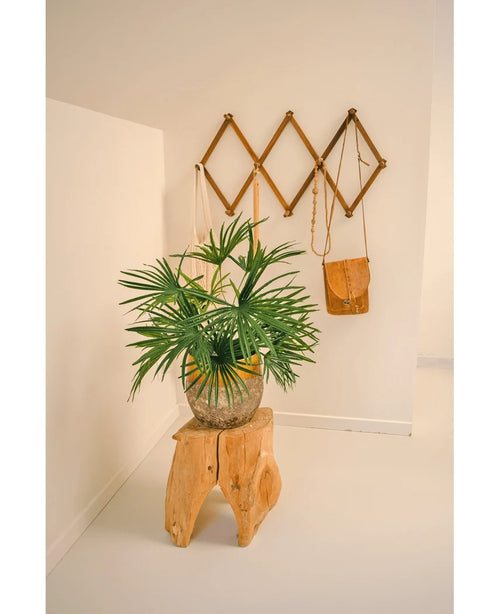 Artificiell växt Baby Palm Fläkt i kruka UV 50 cm sitter på en träpall i ett minimalistiskt rum. Bakom det står ett brunt väggställ i dragspelsstil som visar bruna och solbrända läderväskor mot en skarp vit vägg.