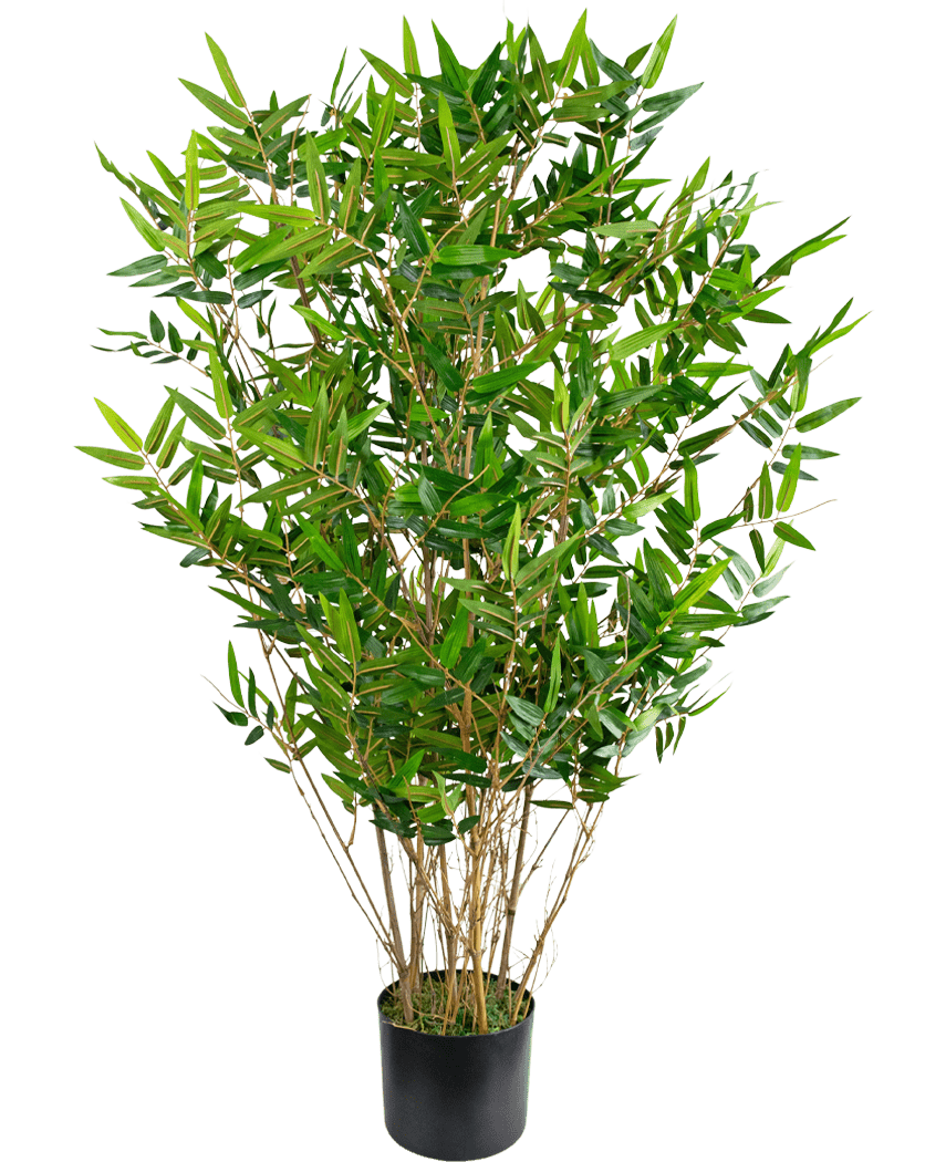 Artificial Plant Bamboo Deluxe 90 cm är en hög, lummig grön konstgjord bambu med smala grenar och långa, smala blad i en svart kruka, avbildad mot en vanlig vit bakgrund.