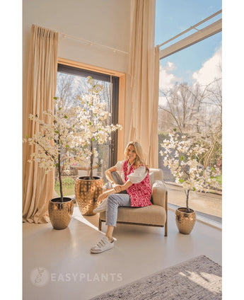 Een glimlachende vrouw zit in een beige fauteuil bij grote ramen met transparante gordijnen, omringd door Kunstplant Bougainvillea 120 cm wit in gouden plantenbakken. Het zonlicht valt naar binnen en verlicht de moderne, gezellige kamer.