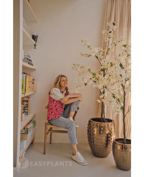 En person sitter leende på en trästol bredvid den konstgjorda bougainvillean 180 cm vit i en guldfärgad kruka med textur. Till vänster finns en bokhylla med böcker och dekor; dagsljuset strömmar in från ett fönster till höger.