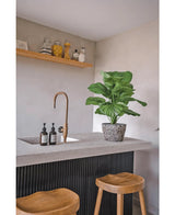 Een moderne keukenhoek met een betonnen aanrechtblad, gouden kraan, Kunstplant Calathea UV 72 cm, twee houten krukjes, zeepdispensers en een houten plank met potten en bakken tegen een lichtgekleurde muur.