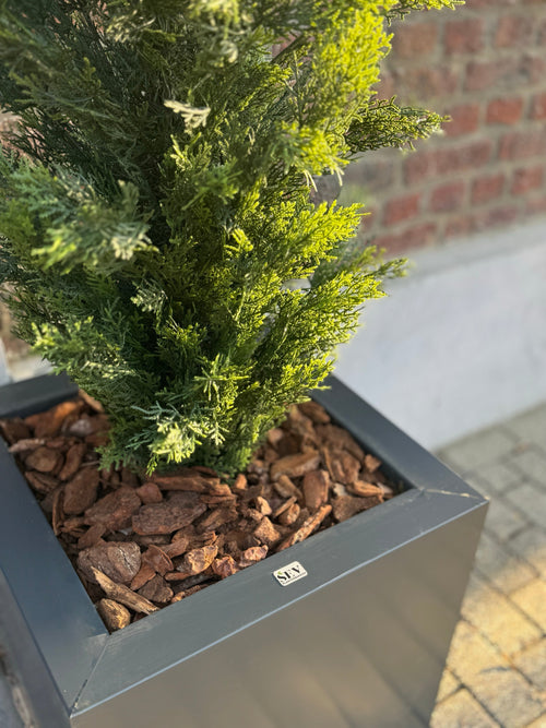 En närbild av den konstgjorda växtbarrträdet UV 120cm, ett realistiskt grönt barrträd i en modern fyrkantig grå planteringsenhet med bruna barkspån, utställd mot en tegelvägg och kaklad mark.