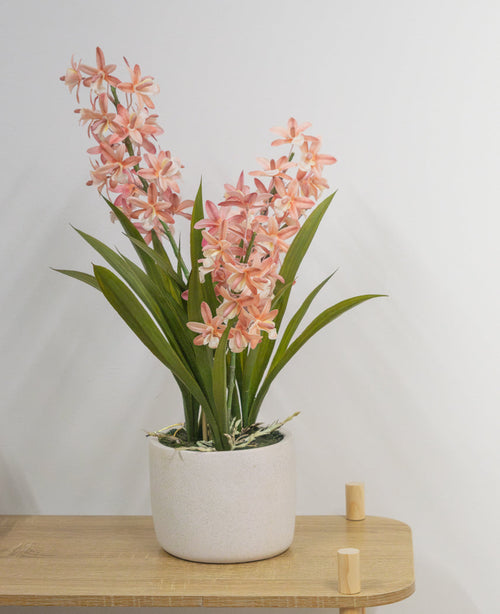 Artificiell Cymbidium 58 cm rosa, en grön växt med långa blad och långa stjälkar med ljusrosa blommor i en vit keramikkruka, står på ett ljust träbord mot en vanlig vit vägg.