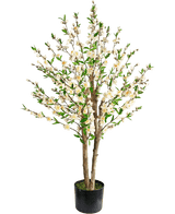 De Kunstplant Kersenbloesem 120 cm crème is een kunstmatige kersenbloesemboom in pot met meerdere bruine stammen, groene bladeren en trosjes kleine witte bloemen tegen een effen witte achtergrond.